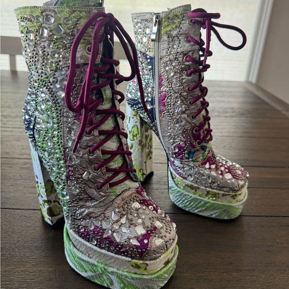 Colorful Embellished Lace-Up Boots - Picture 2 of 2